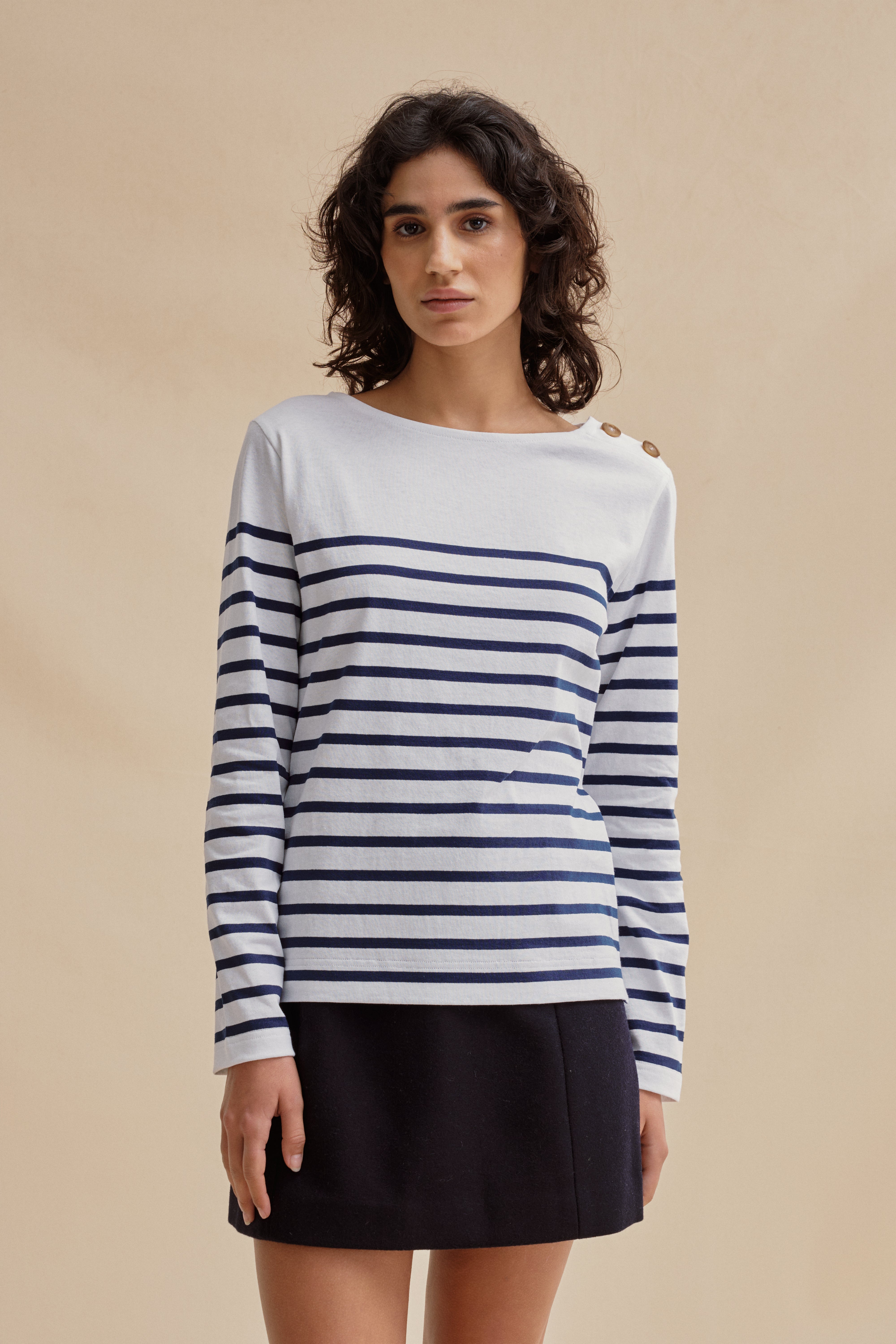 Jane white and navy button-up marinière 100% cotton | Le Minor