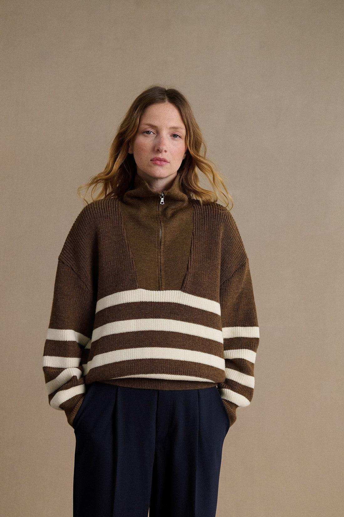 Merino Wool Ladies Camel Polo Neck Jumper Women's Camel Offwhite