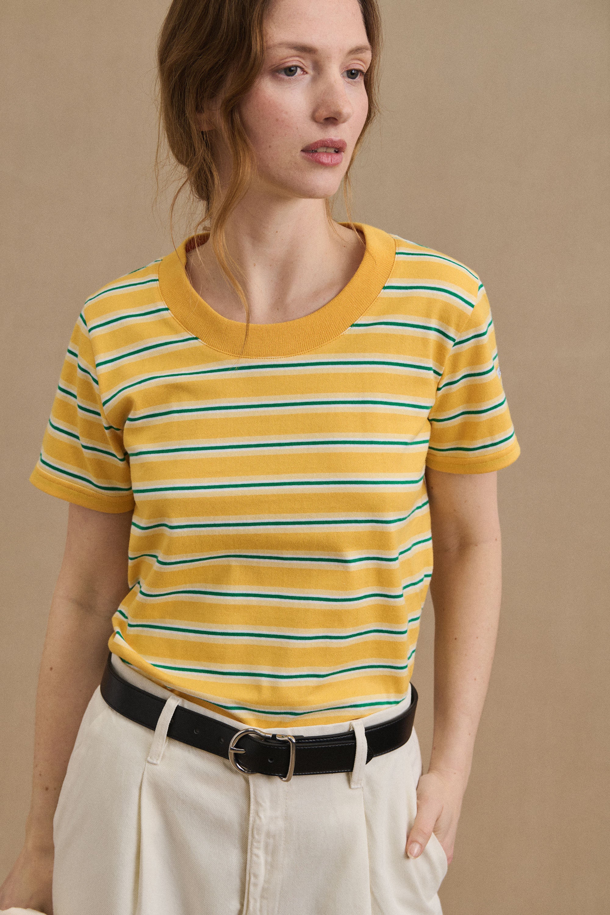 T shirt raye jaune vert ecru a manches courtes pour femme Le Minor