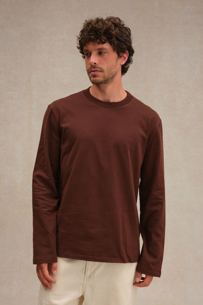 T-shirt marron chocolat à manches longues en coton pour homme