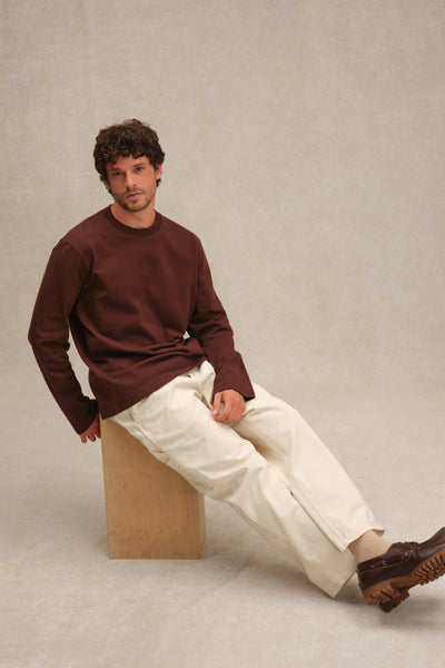 T-shirt marron chocolat à manches longues en coton pour homme