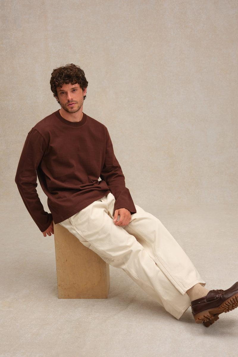 T-shirt marron chocolat à manches longues en coton pour homme