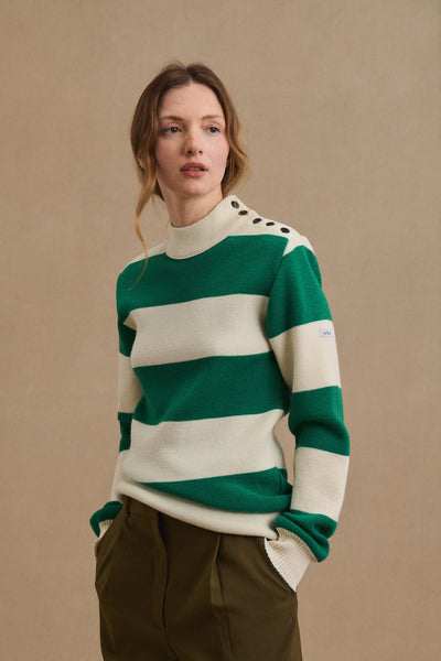 Women's ecru and green striped sailor sweater