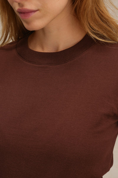 T-shirt marron chocolat à manches longues en coton pour femme