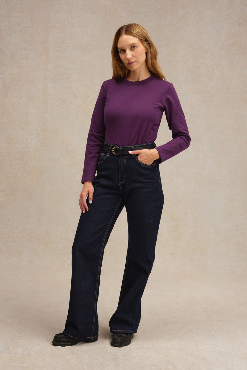T-shirt prune à manches longues en coton pour femme