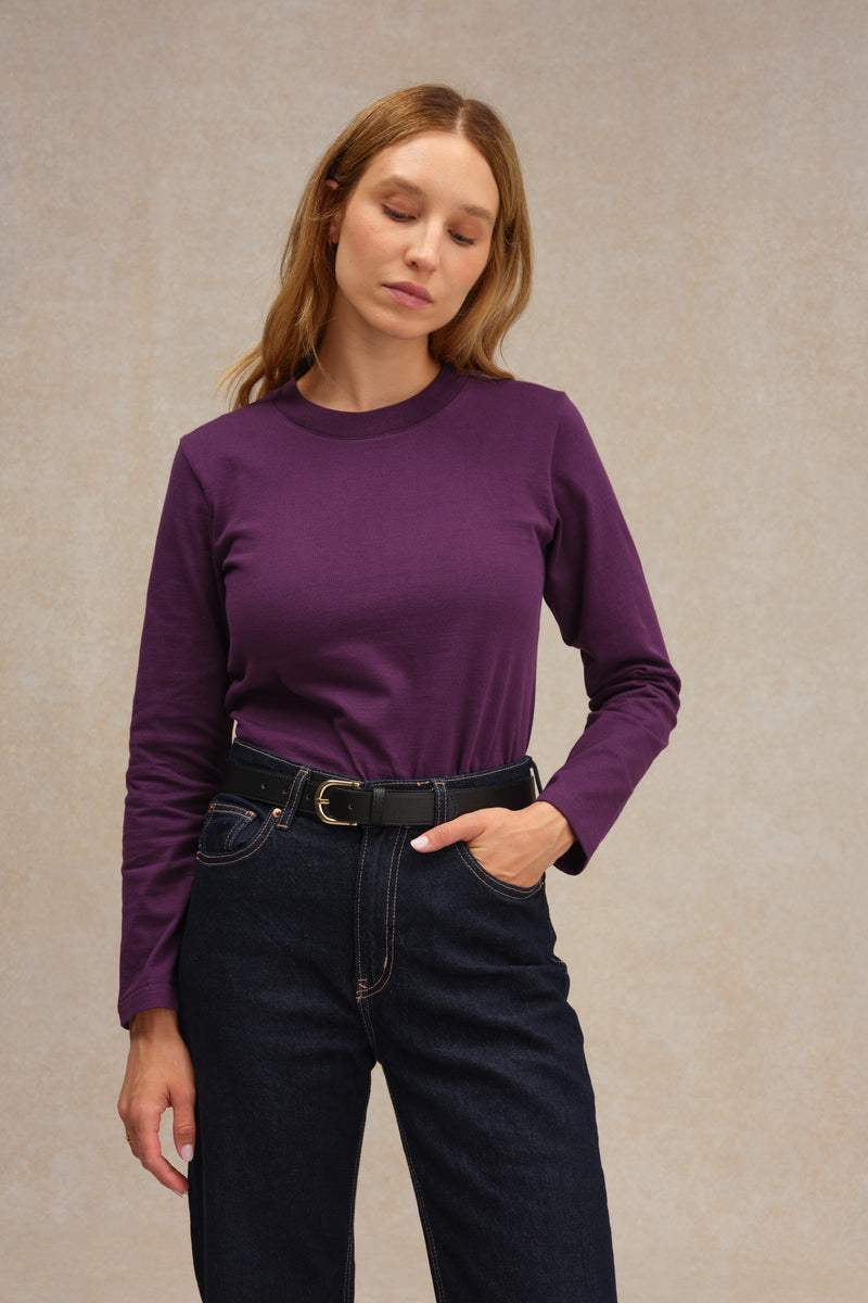 T-shirt prune à manches longues en coton pour femme