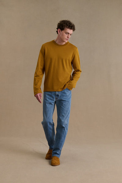 Men's camel long-sleeved merino wool t-shirt