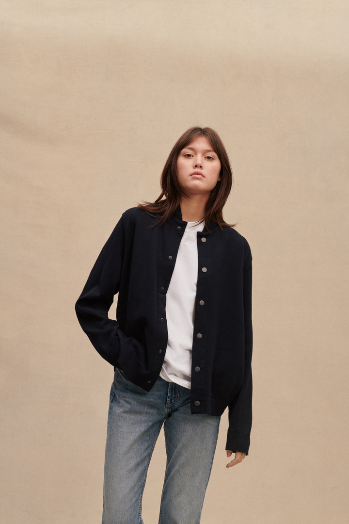 Women's navy blue teddy milano knit in virgin wool | Le Minor