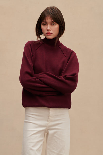 Women's burgundy funnel neck sweater in merino wool