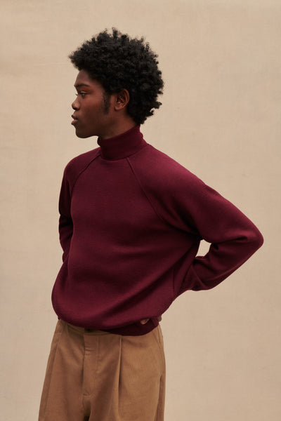 Men's burgundy merino wool funnel neck sweater