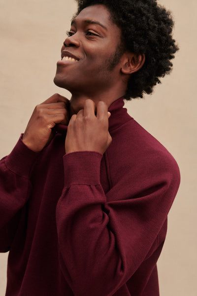 Men's burgundy merino wool funnel neck sweater