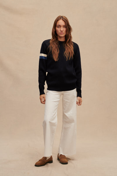 Women's navy crew-neck sweater with blue and white stripe