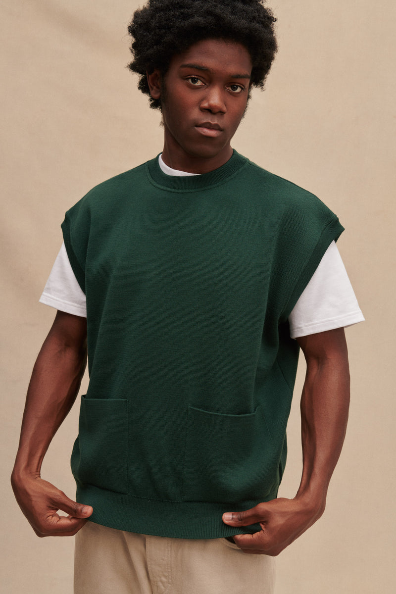 Le Minor x Oi Polloi green merino wool sleeveless sweater