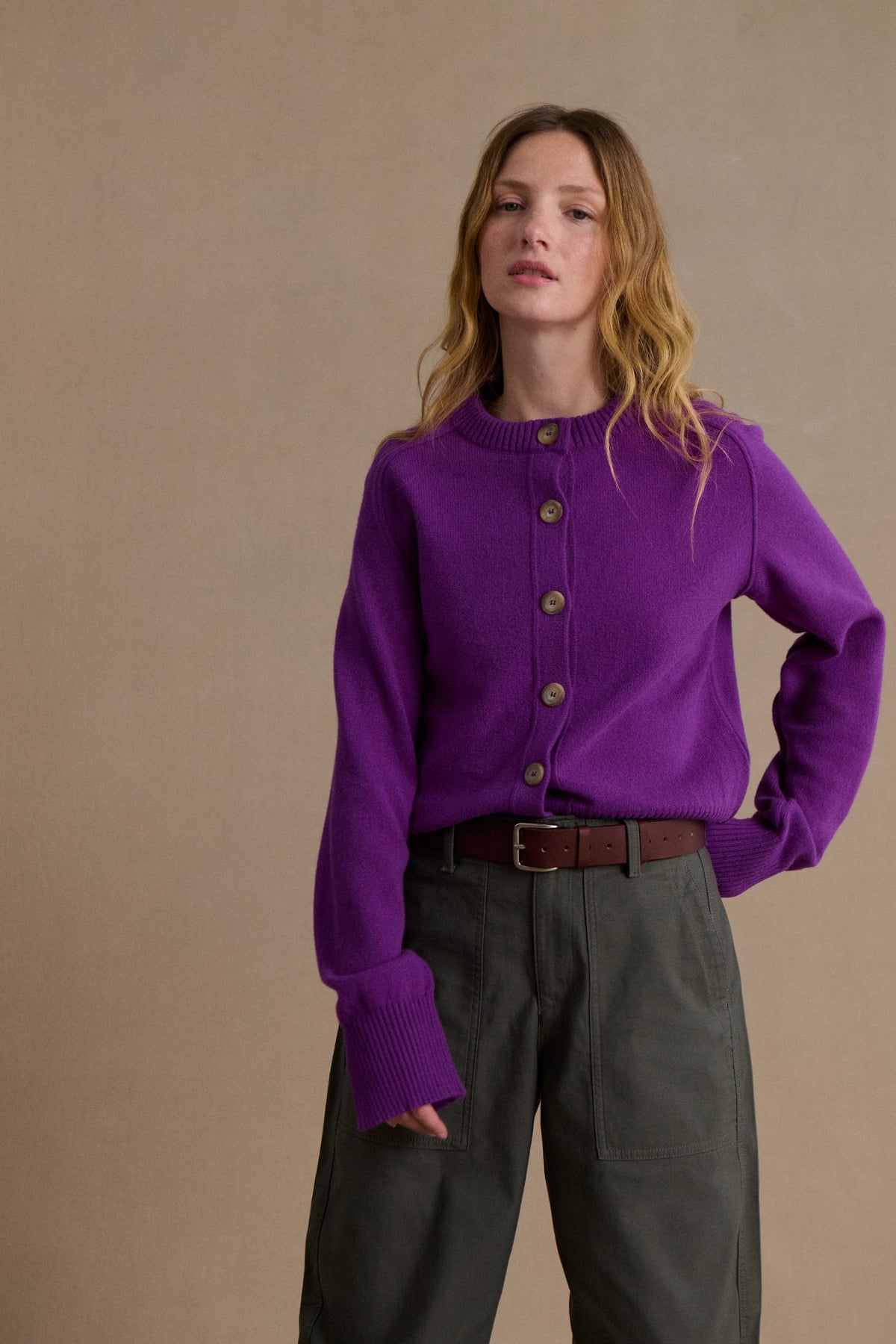 Women's purple cardigan in carded merino wool Le Minor