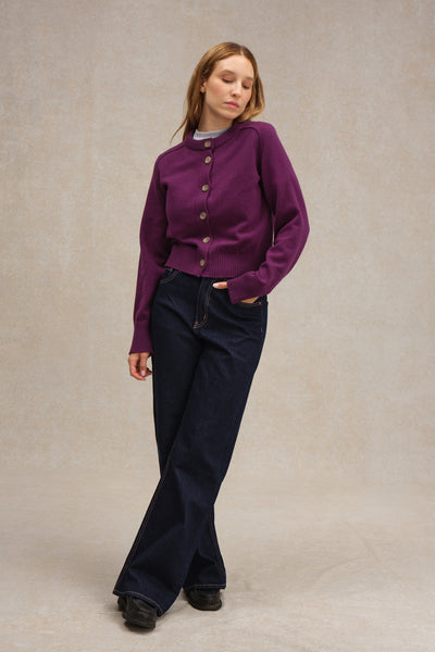 Cardigan prune en laine mérinos pour femme