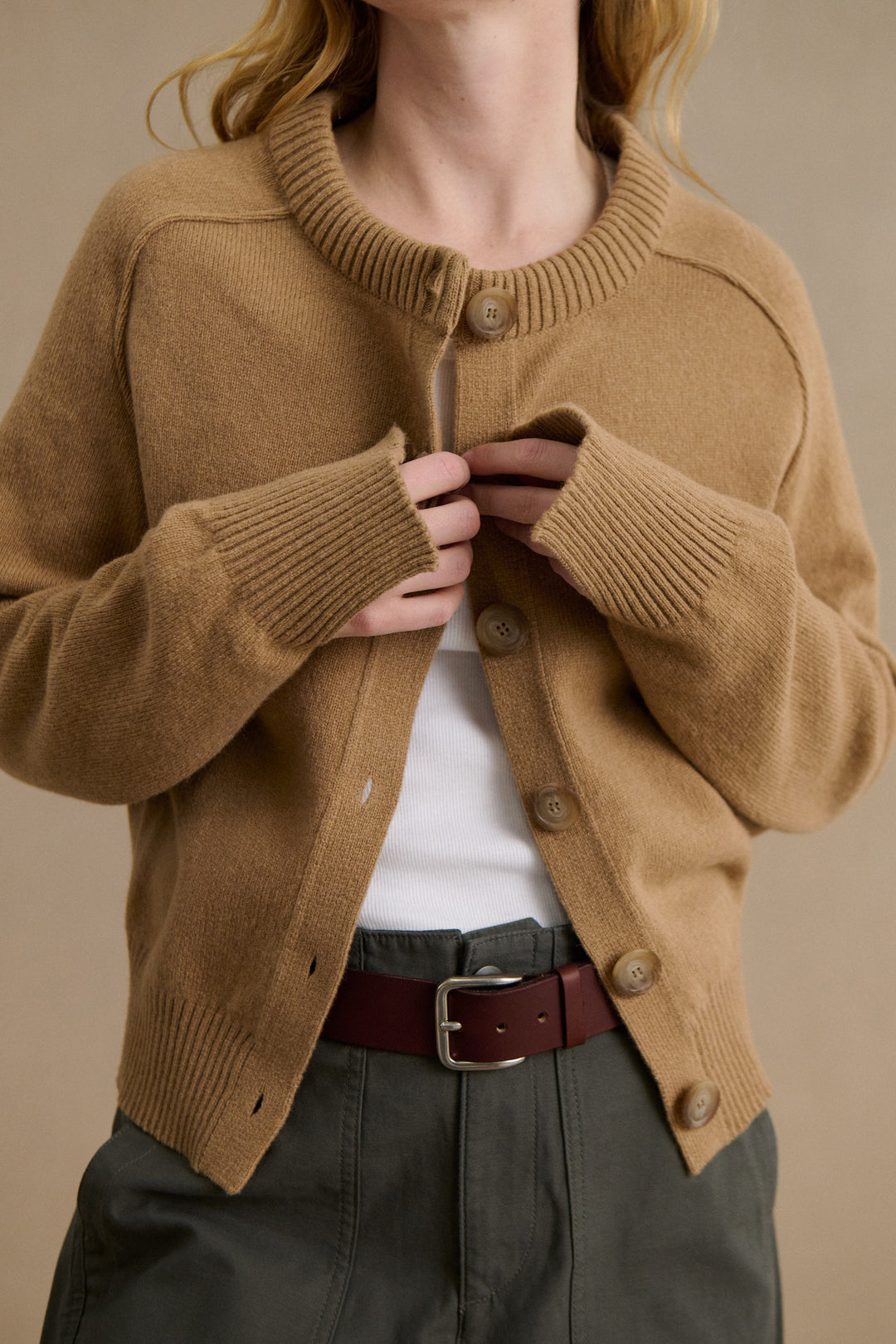 Cardigan beige en laine mérinos cardée pour femme Le Minor