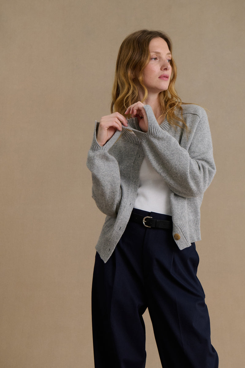 Women s light grey cardigan in carded merino wool Le Minor