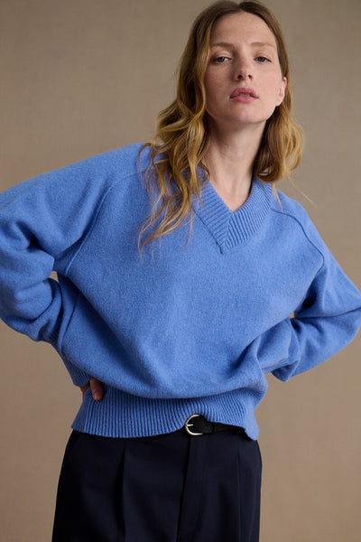 Pull femme col V bleu pervenche