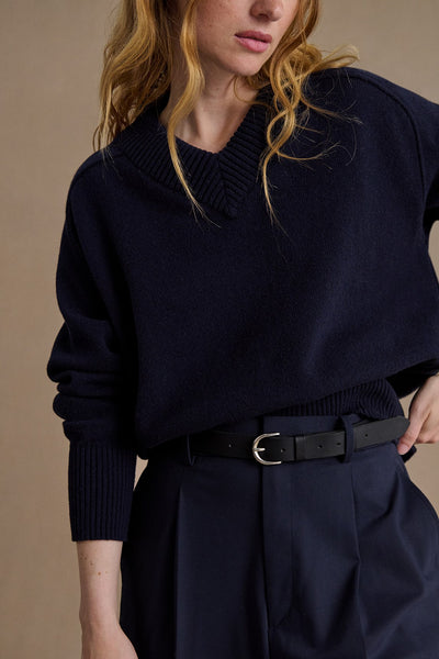 Women's navy blue V-neck sweater