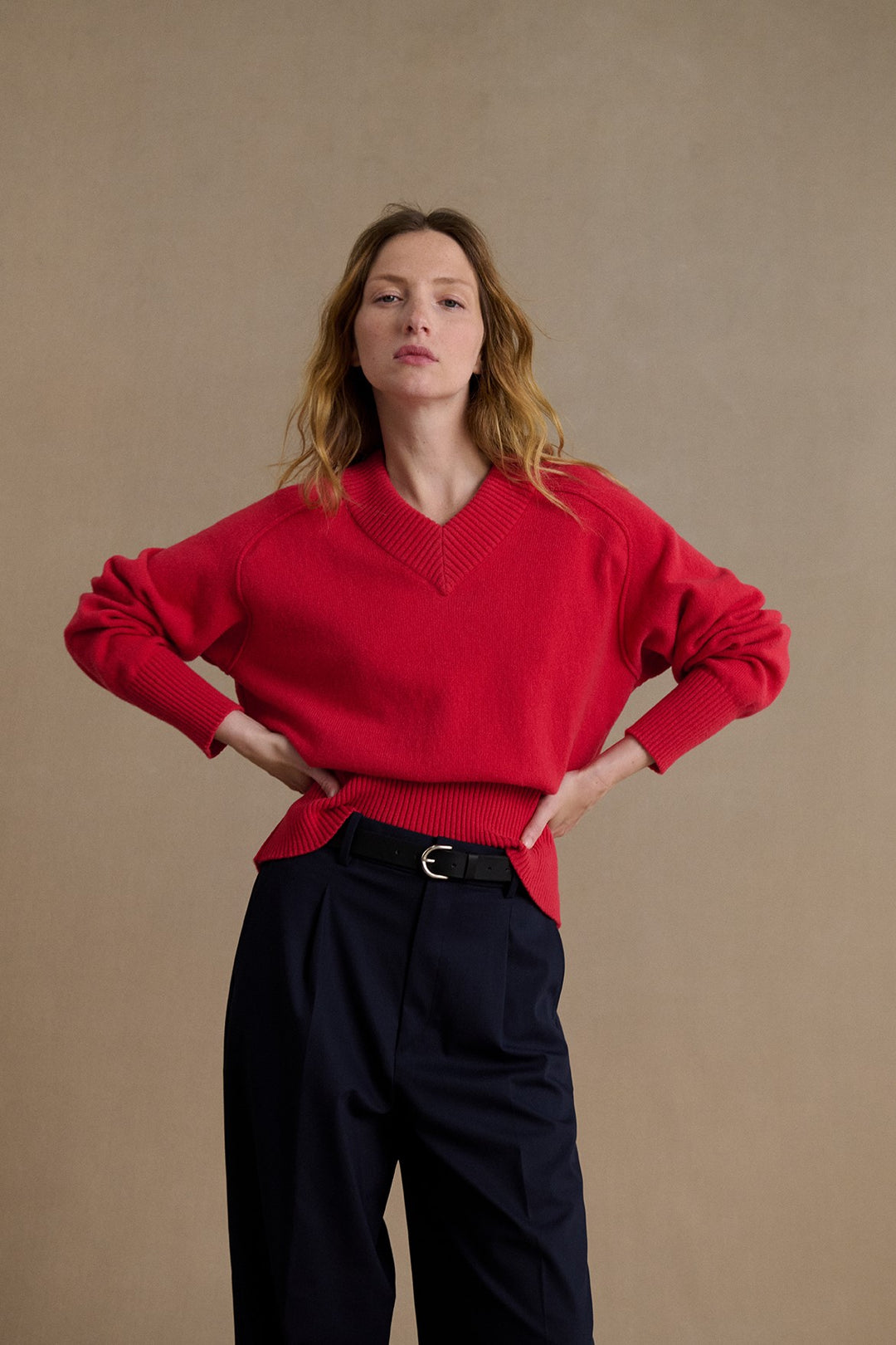 Pull a col V en laine merinos rose horacio pour femme Le Minor