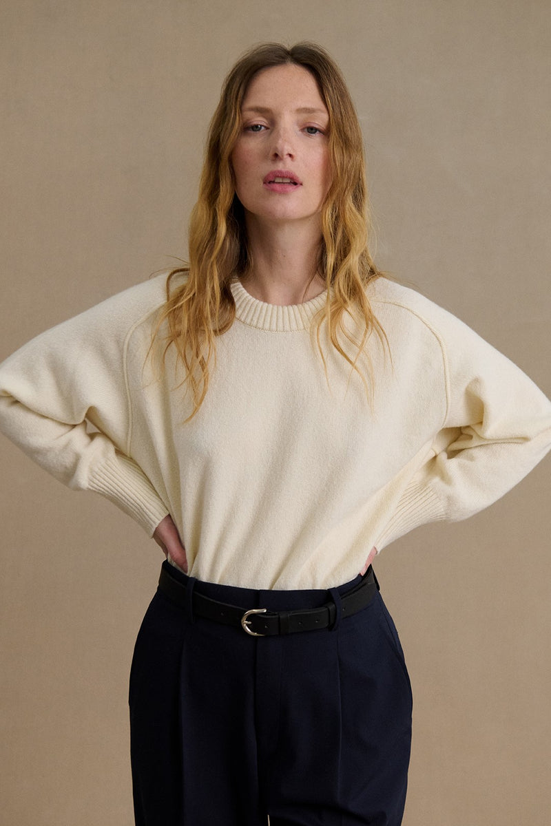 Pull femme col rond écru