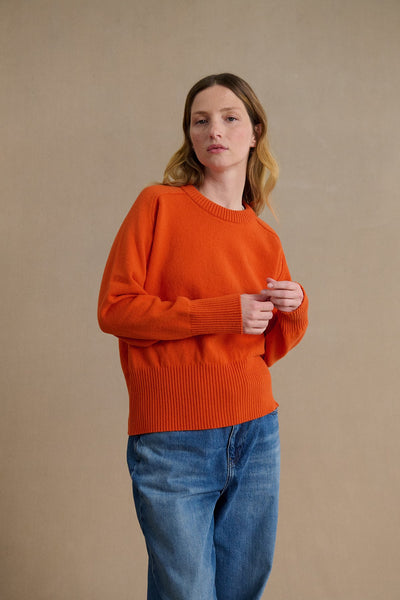 Pull femme col rond orange