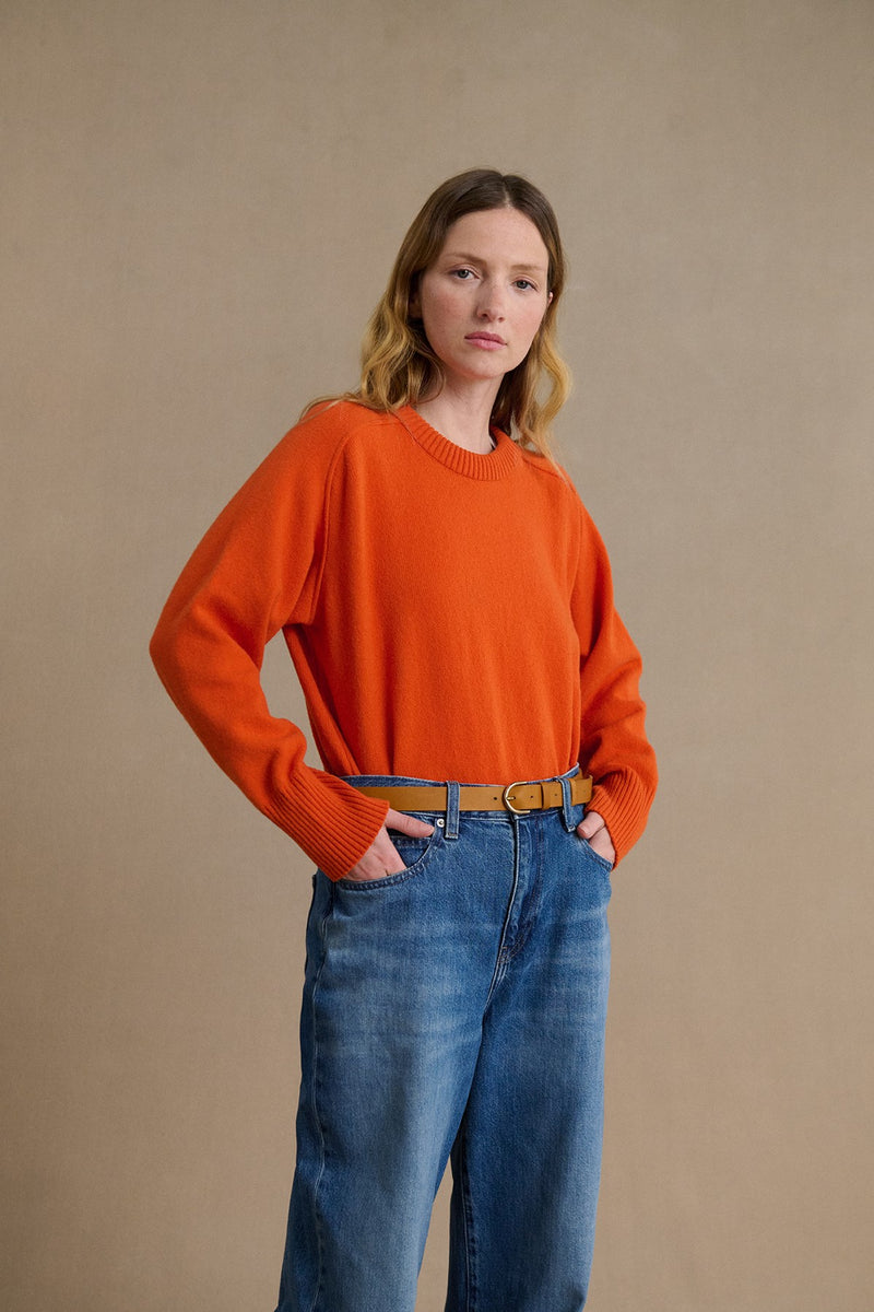 Pull femme col rond orange