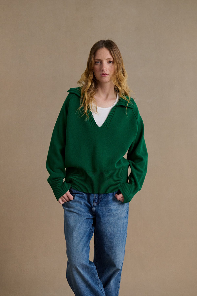 Pull femme col polo sailor vert jungle