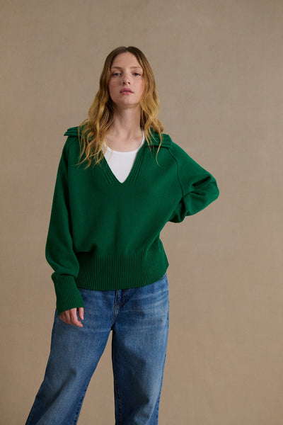 Pull femme col polo sailor vert jungle