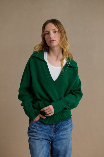 Pull femme col polo sailor vert jungle