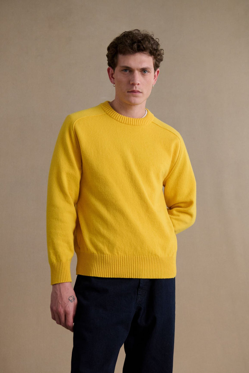 Men s light yellow round neck sweater in merino wool Le Minor