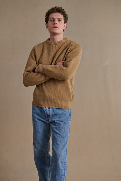 Men's beige ribbed round-neck sweater