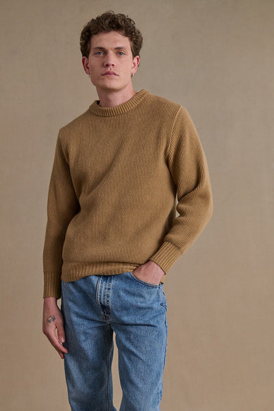 Pull homme col rond à côtes beige