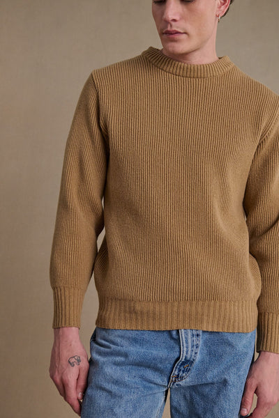 Men's beige ribbed round-neck sweater