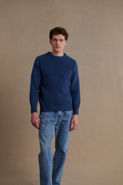 Men's denim blue ribbed round-neck sweater