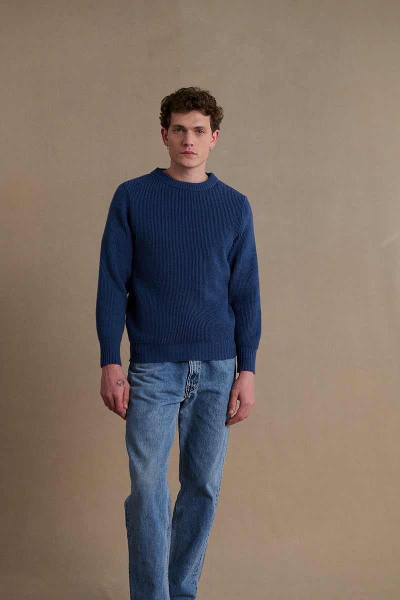 Pull homme col rond à côtes bleu denim