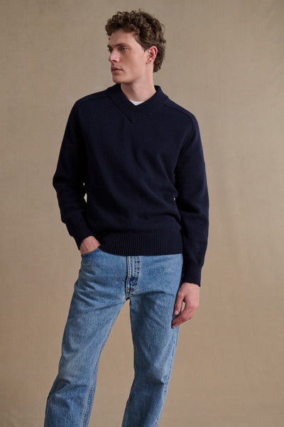 Pull homme col V bleu marine