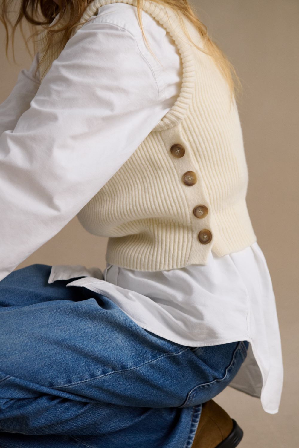 Gilet sans manches en laine mérinos écru pour femme Le Minor