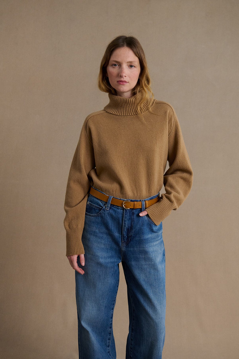 Women's camel beige funnel neck sweater in merino wool Le Minor