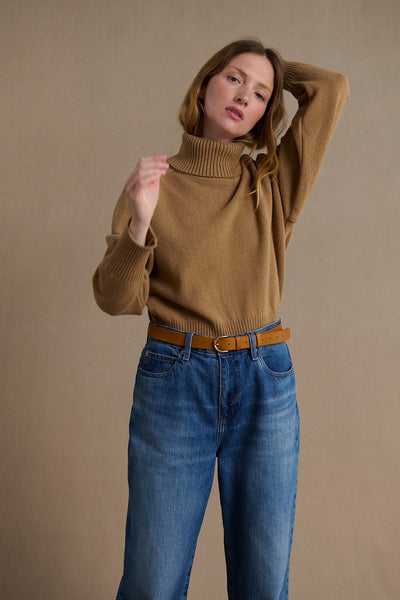 Women's camel beige funnel neck sweater