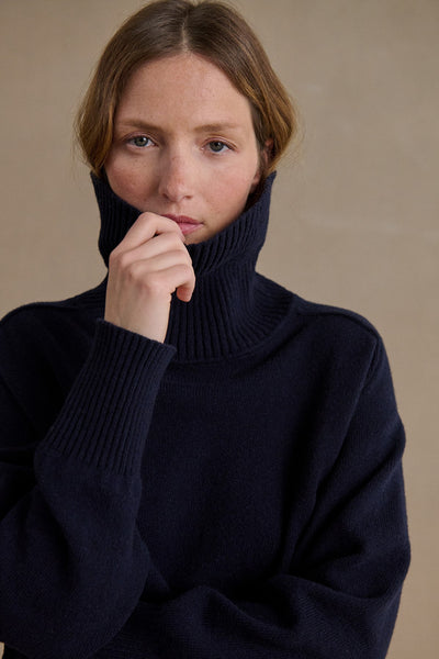 Women's navy blue funnel neck sweater