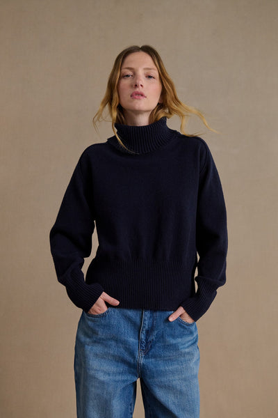 Women's navy blue funnel neck sweater