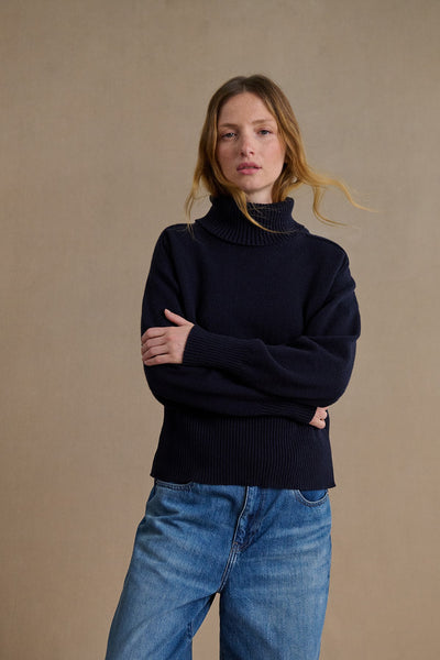 Women's navy blue funnel neck sweater