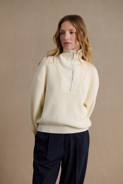 Women's offwhite merino wool zip-neck sweater