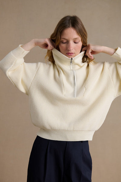 Women's offwhite merino wool zip-neck sweater