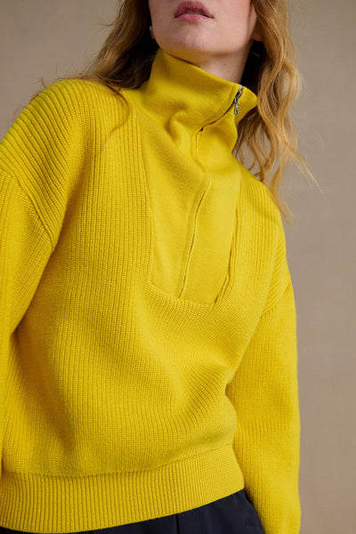 Women's yellow merino wool zip-neck sweater