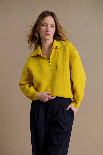 Women's yellow merino wool zip-neck sweater