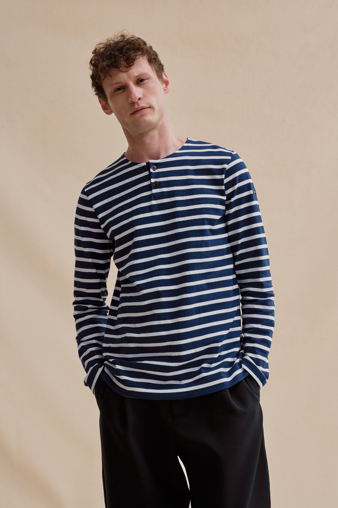 Henley T-shirt à manches longues pour homme Imprimé rayé