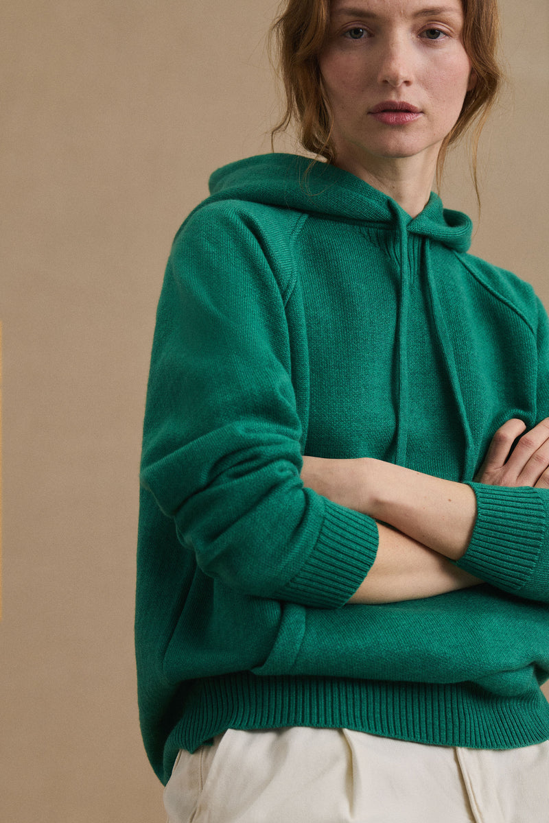 Emerald green merino wool hoodie for women