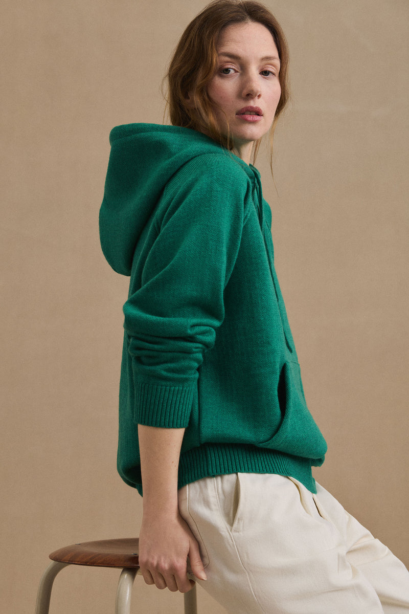 Hoodie vert émeraude en laine mérinos pour femme